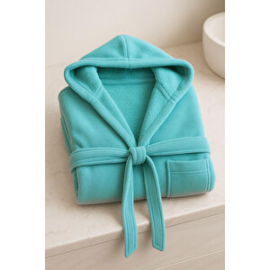 Genç Kız / Erkek Çocuk Kapşonlu Garson Boy Kadife Bornoz %100 Pamuklu Turkuaz-13-14 Yaş