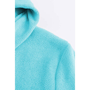 Genç Kız / Erkek Çocuk Kapşonlu Garson Boy Kadife Bornoz %100 Pamuklu Turkuaz-13-14 Yaş