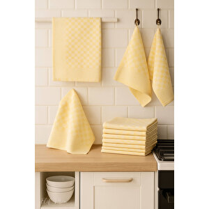 Kare Desenli Mutfak Kurulama Bezi Seti 10’lu 50x70 Cm Casaline Sarı Sarı