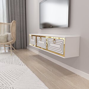 Palo Altın Duvara Monte Tv Ünitesi Beyaz-Altın Beyaz-Altın