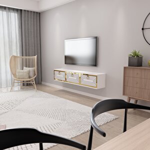 Palo Altın Duvara Monte Tv Ünitesi Beyaz-Altın Beyaz-Altın