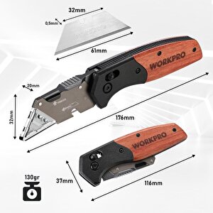 Wp211035 Ağır Hizmet Çelik/ahşap Gövde Katlanır Rötuş Maket Bıçağı + 11 Adet Yedek Bıçak