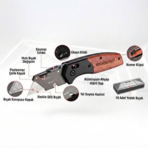 Wp211035 Ağır Hizmet Çelik/ahşap Gövde Katlanır Rötuş Maket Bıçağı + 11 Adet Yedek Bıçak