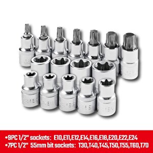 Workpro Wp202596 1/2'’ Cr-v 16 Parça Ağır Hizmet Torx Lokma Soketi / Ucu