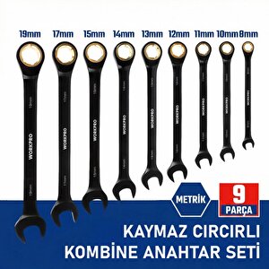 Wp202602 8-19mm 9 Parça Cr-v Profesyonel Cırcır Kombine Anahtar Takımı + Bez Taşıma Kılıfı