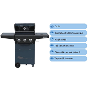 X350 Klasik Gri Mavi Gazlı Barbekü - Led Işıklı Düğmeli, 3 Brülörlü