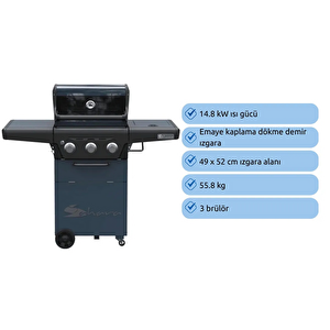 X350 Klasik Gri Mavi Gazlı Barbekü - Led Işıklı Düğmeli, 3 Brülörlü