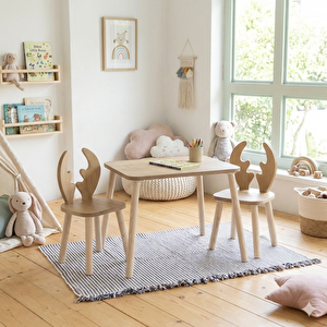 Montessori Çocuk Masası 1 Masa & 2 Deer Sandalye Kahverengi Açık Kahverengi