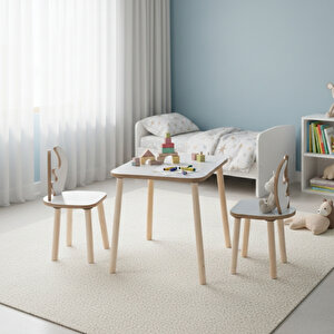 Montessori Çocuk Masası 1 Masa & 2 Deer Sandalye Beyaz Beyaz