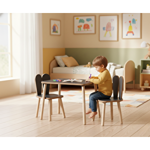Montessori Çocuk Masası 1 Masa & 2 Bunny Sandalye Antrasit