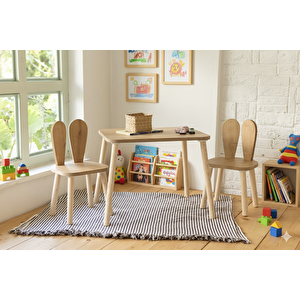 Montessori Çocuk Masası 1 Masa & 2 Bunny Sandalye Kahverengi
