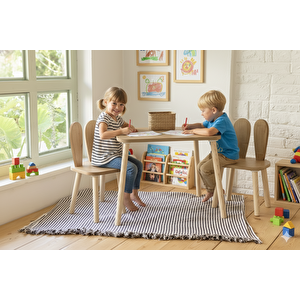 Montessori Çocuk Masası 1 Masa & 2 Bunny Sandalye Kahverengi
