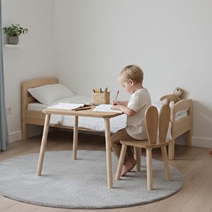 Montessori Çocuk Masası 1 Masa & 1 Bunny Sandalye Kahverengi Açık Kahverengi