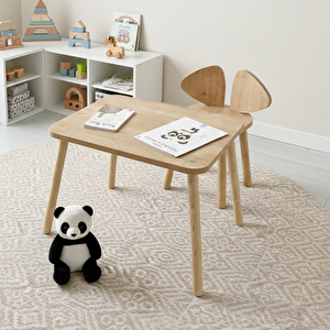 Montessori Çocuk Masası 1 Masa & 2 Mickey Sandalye Kahverengi Açık Kahverengi