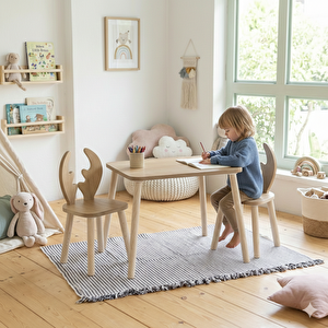 Montessori Çocuk Masası 1 Masa & 1 Kahverengi Deer Sandalye Açık Kahverengi