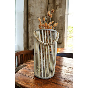 Bambu Vazo / Ahşap Vazo / Çiçeklik / Dekoratif Uzun Fener Mumluk 38 Cm