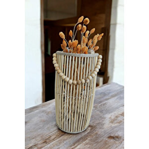 Bambu Vazo / Ahşap Vazo / Çiçeklik / Dekoratif Uzun Fener Mumluk 38 Cm