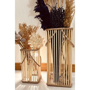 Bambu Vazo 2'li Set / Ahşap Vazo / Çiçeklik / Dekoratif Uzun Fener Mumluk 38-24 Cm 380 mm