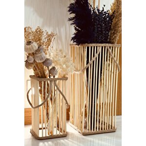 Bambu Vazo 2'li Set / Ahşap Vazo / Çiçeklik / Dekoratif Uzun Fener Mumluk 38-24 Cm