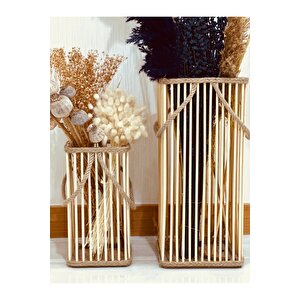 Bambu Vazo 2'li Set / Ahşap Vazo / Çiçeklik / Dekoratif Uzun Fener Mumluk 38-24 Cm