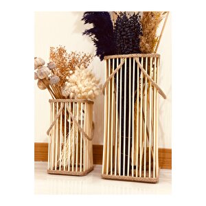 Bambu Vazo 2'li Set / Ahşap Vazo / Çiçeklik / Dekoratif Uzun Fener Mumluk 38-24 Cm