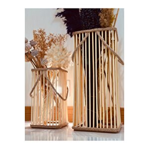 Bambu Vazo 2'li Set / Ahşap Vazo / Çiçeklik / Dekoratif Uzun Fener Mumluk 38-24 Cm