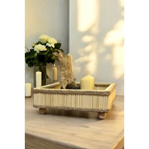 Bambu Ahşap Kare Dekoratif Bohem Tepsi 22x22 Cm 22 cm