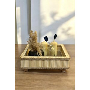 Bambu Ahşap Kare Dekoratif Bohem Tepsi 22x22 Cm 22 cm