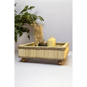 Bambu Ahşap Kare Dekoratif Bohem Tepsi 22x22 Cm