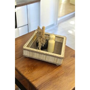 Bambu Ahşap Kare Dekoratif Bohem Tepsi 22x22 Cm