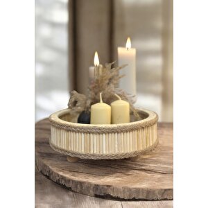 Bambu Ahşap Yuvarlak Dekoratif Bohem Tepsi 22x22 Cm 22 cm