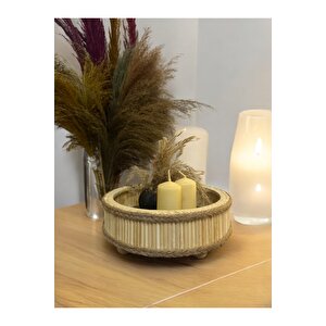 Bambu Ahşap Yuvarlak Dekoratif Bohem Tepsi 22x22 Cm 22 cm