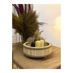 Bambu Ahşap Yuvarlak Dekoratif Bohem Tepsi 22x22 Cm 22 cm