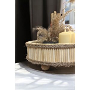 Bambu Ahşap Yuvarlak Dekoratif Bohem Tepsi 22x22 Cm