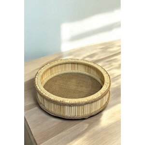 Bambu Ahşap Yuvarlak Dekoratif Bohem Tepsi 22x22 Cm