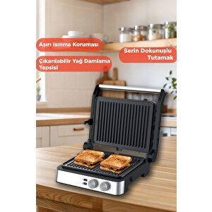 Tost Makinesi 2000w Paslanmaz Çelik Çıkarılabilir Plakalı Izgara Makinesi Tg Pro300 Siyah Gümüş