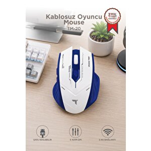 Mouse Çift Modlu Sessiz Kablosuz Oyuncu Fare Tm20 Beyaz Mavi