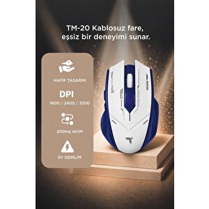 Mouse Çift Modlu Sessiz Kablosuz Oyuncu Fare Tm20 Beyaz Mavi