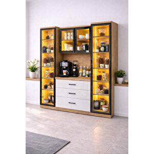 Vitrinli Ünite, Liveo Kahve Köşesi + Çok Amaçlı Raflı İki Kapaklı Dolap