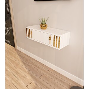 Lena 70cm Duvara Monte , Kapaklı, Modern Dresuar Beyaz-Altın Beyaz-Altın