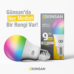 Günsan Akıllı Wifi Led Ampul Rgb Çok Renkli Sesli Komut & Tuya & Smart Life Uyumlu (9w 2700k-6500k)