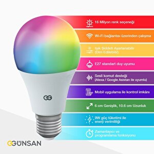 Günsan Akıllı Wifi Led Ampul Rgb Çok Renkli Sesli Komut & Tuya & Smart Life Uyumlu (9w 2700k-6500k)