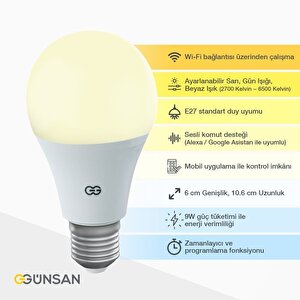 Günsan Akıllı Wifi Led Ampul Beyaz Işık Sesli Komut & Tuya & Smart Life Uyumlu (9w 2700k-6500k )