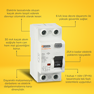 Günsan Valta Kaçak Akım Rölesi Ac Tip 6ka 30ma 25a 1 Kutup + Nötr