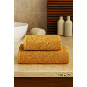 Banyo & Yüz Havlusu Seti Dokulu %100 Pamuk 90x150 + 50x90 Cm – Foliva Hardal Hardal