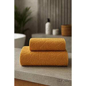 Banyo & Yüz Havlusu Seti Dokulu %100 Pamuk 90x150 + 50x90 Cm – Foliva Hardal Hardal
