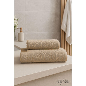 Banyo & Yüz Havlusu Seti Dokulu %100 Pamuk 90x150 + 50x90 Cm – Foliva Bej Bej