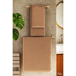 Banyo & Yüz Havlusu Seti Dokulu %100 Pamuk 90x150 + 50x90 Cm – Foliva Bej Bej