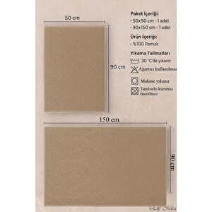Banyo & Yüz Havlusu Seti Dokulu %100 Pamuk 90x150 + 50x90 Cm – Foliva Bej Bej