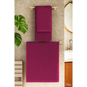 Banyo & Yüz Havlusu Seti Dokulu %100 Pamuk 90x150 + 50x90 Cm – Foliva Mor Mor